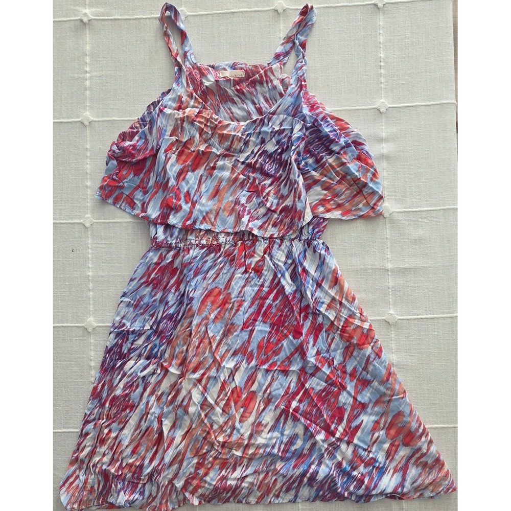 Lime N Chili Abstract Print Cold Shoulder Ruffle Mini Dress Red Blue Medium